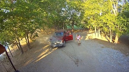 Red Pickup Truck Catches Fire
