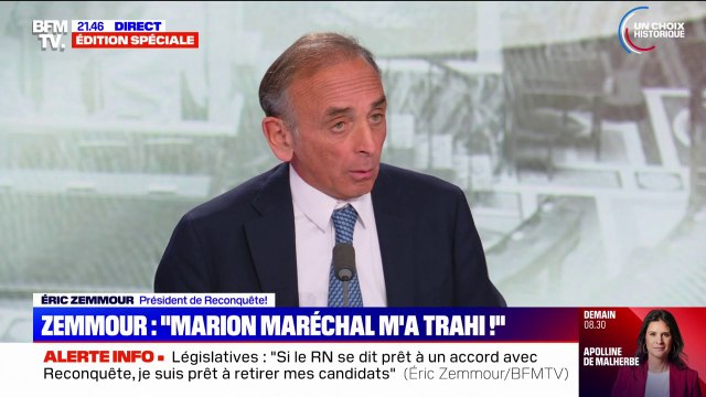 Législatives: Je suis prêt à retirer mes candidats [...] dans le cadre d'une négociation avec le Rassemblement national, déclare Éric Zemmour