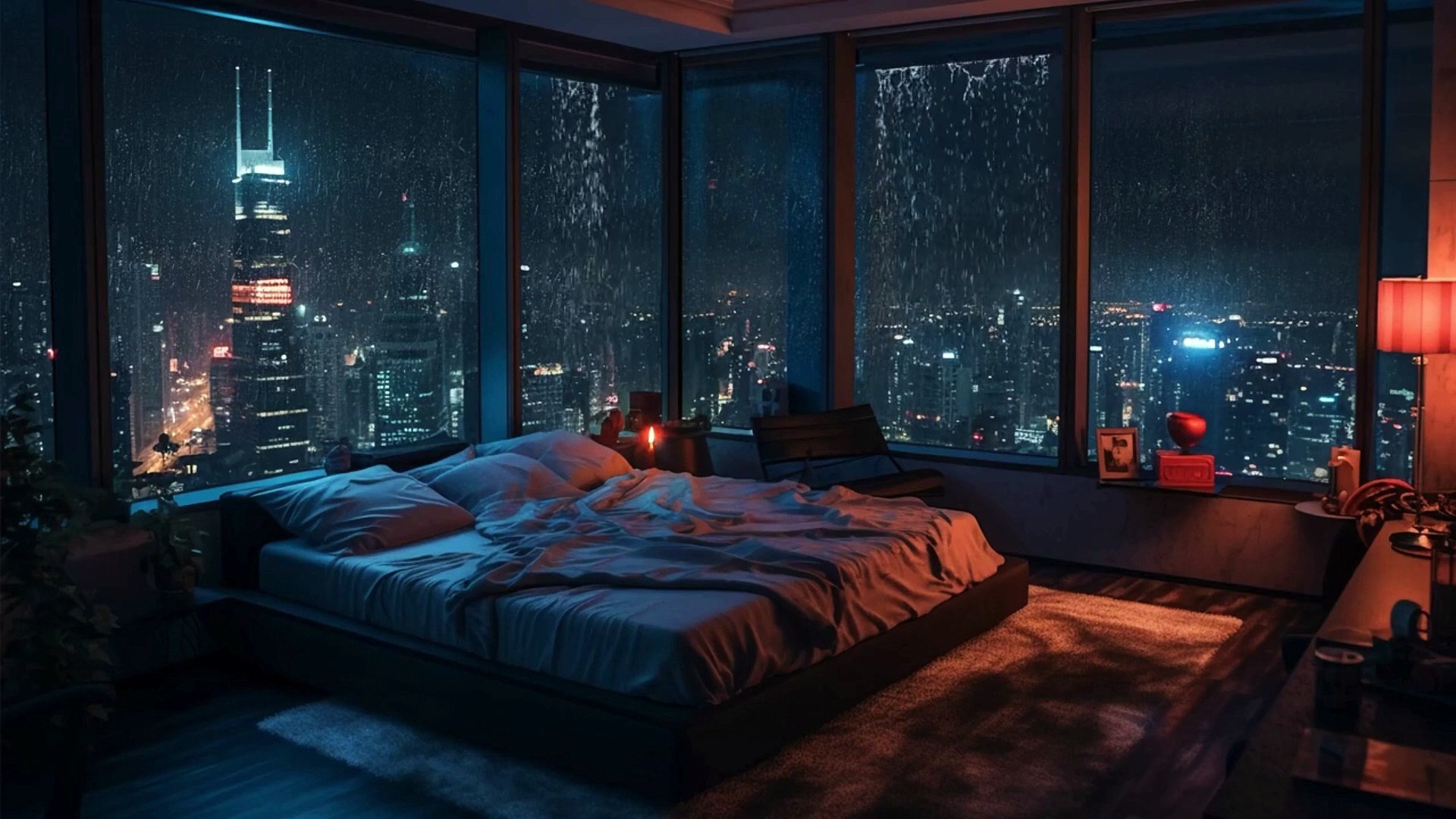 ⁣Cozy Bedroom With A Night View Of New York In Heavy Rain| Rain Sounds, Rain On Window| rainasmr |4Kd