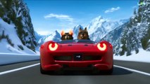A red ferrari car racing on a snowy road between two mountains leaving the groove of the tires on the asphalt. It is spewing fire from the exhaust pipe and on the sides of the road are two bears.