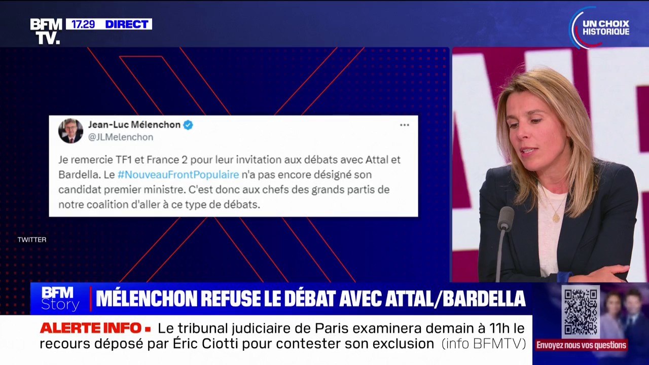 Législatives: pour Jean-Luc Mélenchon, "c'est aux chefs des grands partis" du nouveau Front populaire de débattre face à Gabriel Attal et Jordan Bardella