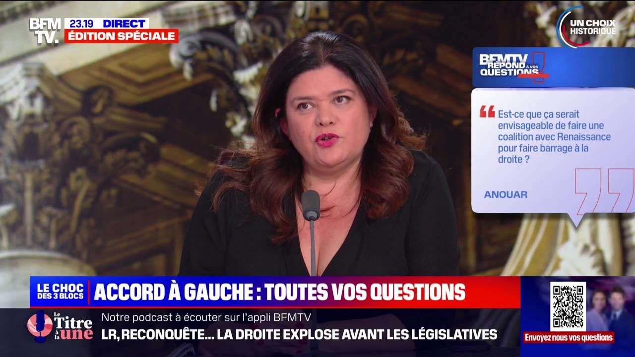 "Est-ce que ça serait envisageable de faire une coalition avec Renaissance pour faire barrage à la droite?": Raquel Garrido (LFI) répond à la question d'Anouar, téléspectateur de BFMTV