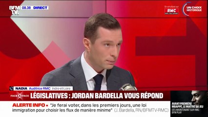 Jordan Bardella affirme que les Français d'origine étrangère qui "travaillent" et "respectent la loi", "n'ont rien à craindre" du RN