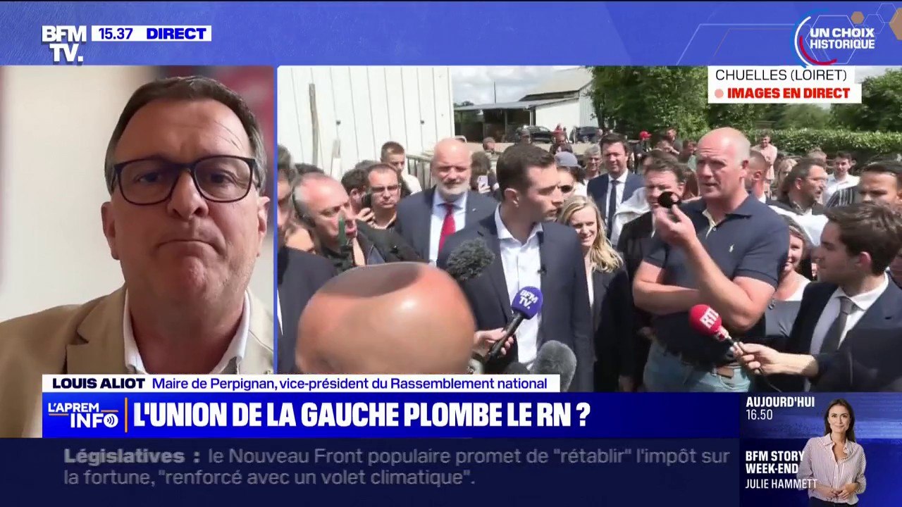 "Ils sont prêts à vendre leur âme pour sauver des places à l'Assemblée" juge Louis Aliot, maire RN de Perpignan, au sujet du Nouveau Front populaire