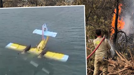 Aydın’ın Didim ilçesindeki yangına müdahale eden uçak, göle sert iniş yaptı