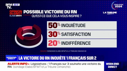 Élections législatives: 1 Français sur 2 se dit inquiet d'une possible victoire du Rassemblement national, selon un sondage Elabe