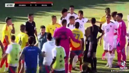 Momento cuando se fueron a los golpes jugadores bolivianos y colombianos