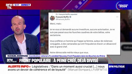 Manuel Bompard évoque des "formules extrêmement violentes" après la prise de position de François Ruffin dans l'investiture d'Adrien Quatennens
