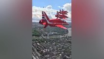 View from Red Arrows cockpit shows Trooping the Colour flypast from skies