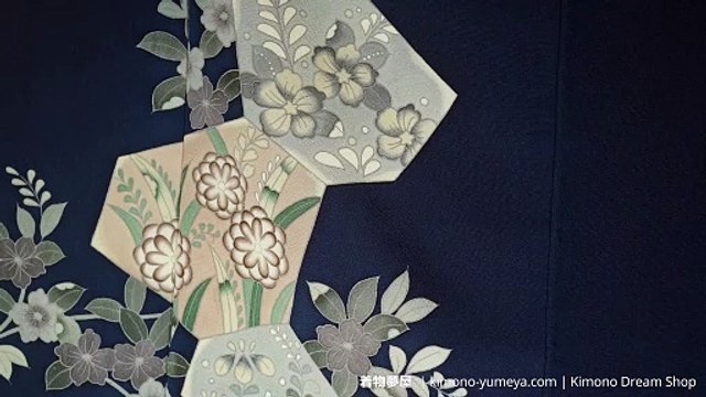 1980s Blue Chirimen Silk Houmongi for Women - Traditional Japanese Kimono - Unique Kaga Yuzen Style