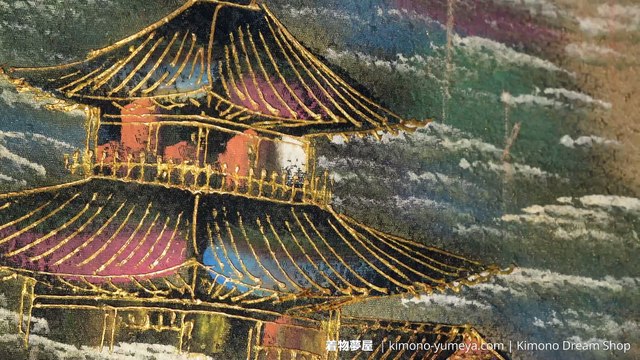 Temple in the Mountains Brown Hand-Painted Houmongi - Vintage High Quality Rinzu Silk Women's Kimono