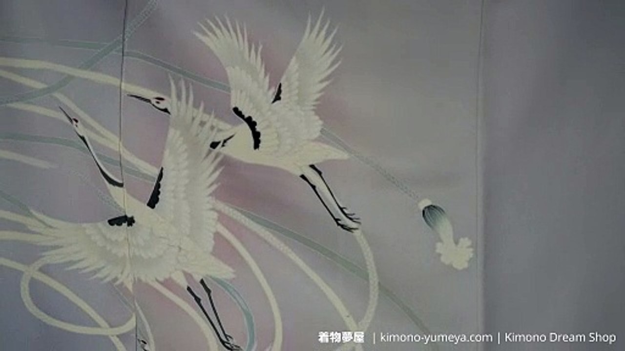 Red-Crowned Cranes Soaring Past Braided Cords Houmongi - Vintage Grey, White, Pink Smooth Soft Silk