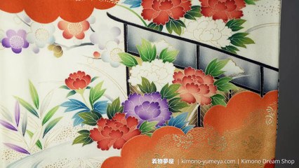 Off White & Orange Silk Furisode with Clouds & Chrysanthemums - Vintage Hand Painted Women's Kimono