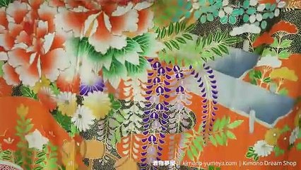 Orange & Green Floral Furisode with Clouds & Boats - Vintage Silk with Gold Accenting Women's Kimono