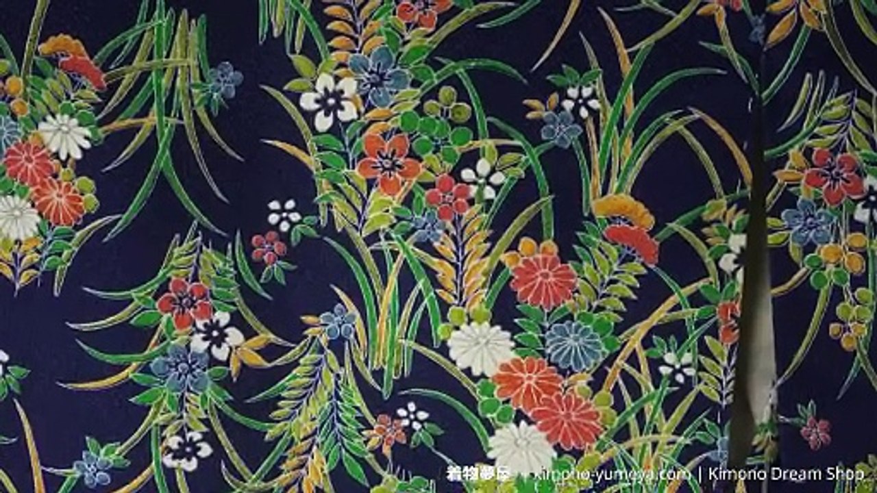 Colorful Flowering Plants on Blue Silk Kimono - Vintage 1990s - Green, Red Pattern - Chrysanthemums