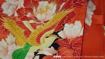 Pheasants Amongst Peonies Vibrant Orange Furisode - Vintage Rinzu Silk Women's Kimono - Extravagant