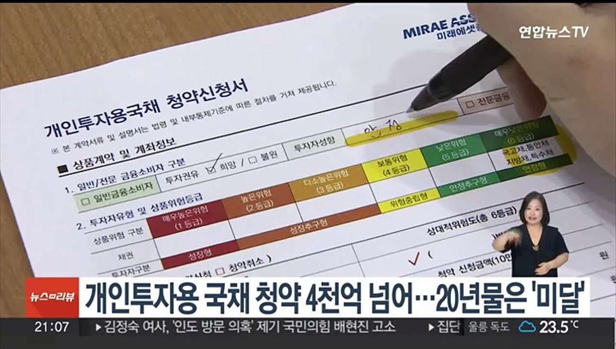 개인투자용 국채 청약 4천억 넘어…20년물은 '미달'