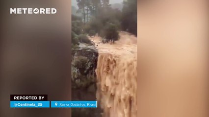 The intense rainfall causes a significant rise in river levels in Serra Gaúcha, Brazil