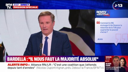 "C'est une période d'essai de trois ans", estime Nicolas Dupont-Aignan en cas de victoire du Rassemblement national aux législatives