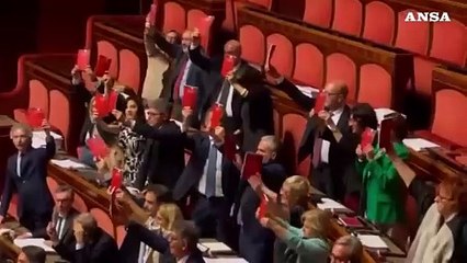 Premierato, i senatori dell'opposizione sventolano la Costituzione in Aula