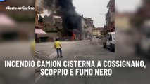 Incendio camion cisterna a Cossignano, scoppio e fumo nero