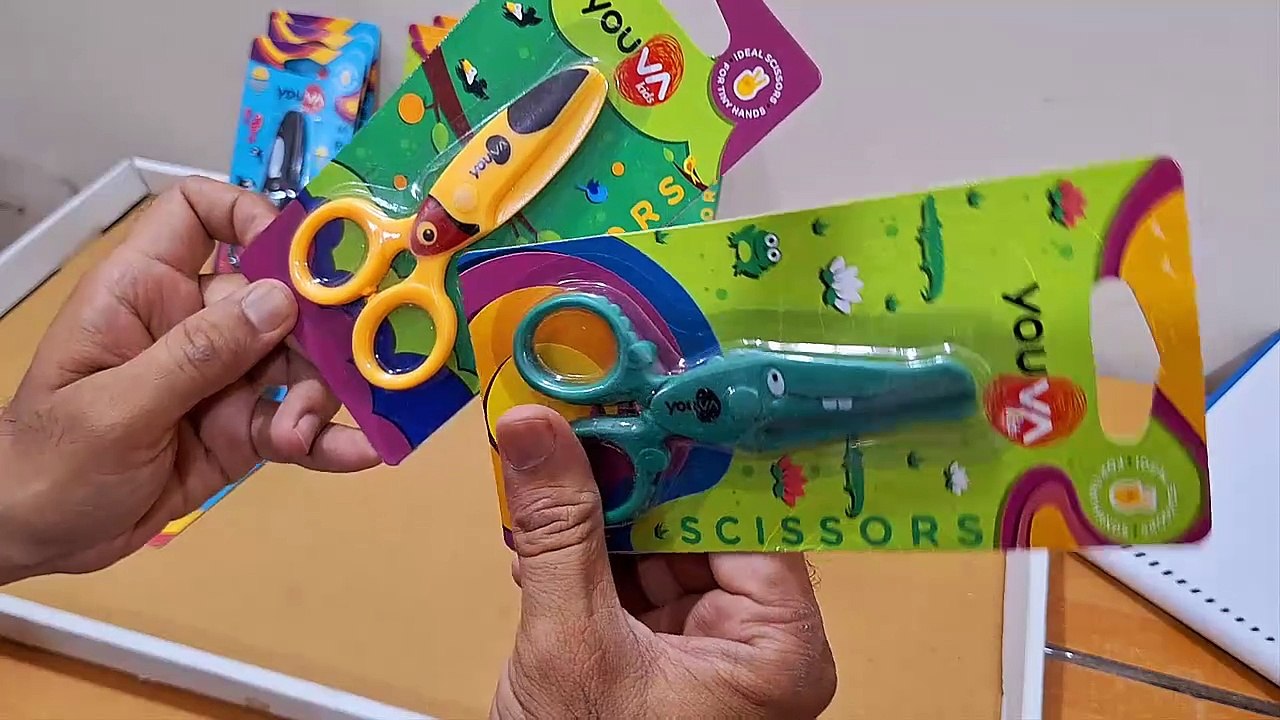 Unboxing and Review of youva navneet Crocodile, Aqua Whale, Toucan characters child friendly all-plastic body (no metal parts) scissors