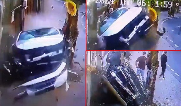 Sarıyer'de park halindeki araca çarpan otomobil yan yattı; kaza anı kamerada