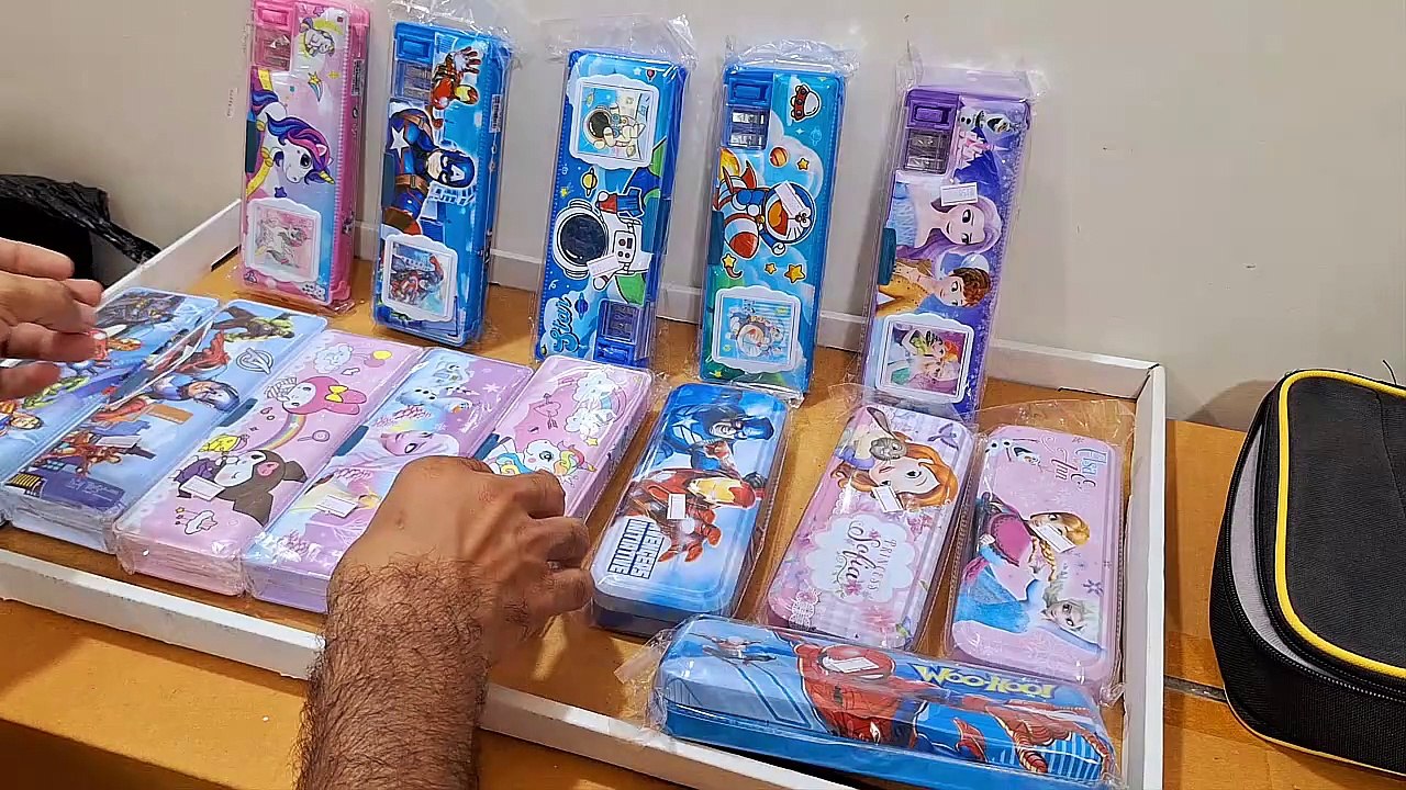 Unboxing and Review of Spiderman, unicorn, frozen Magnetic Pencil Box with Calculator and Dual Sharpener for Kids for School