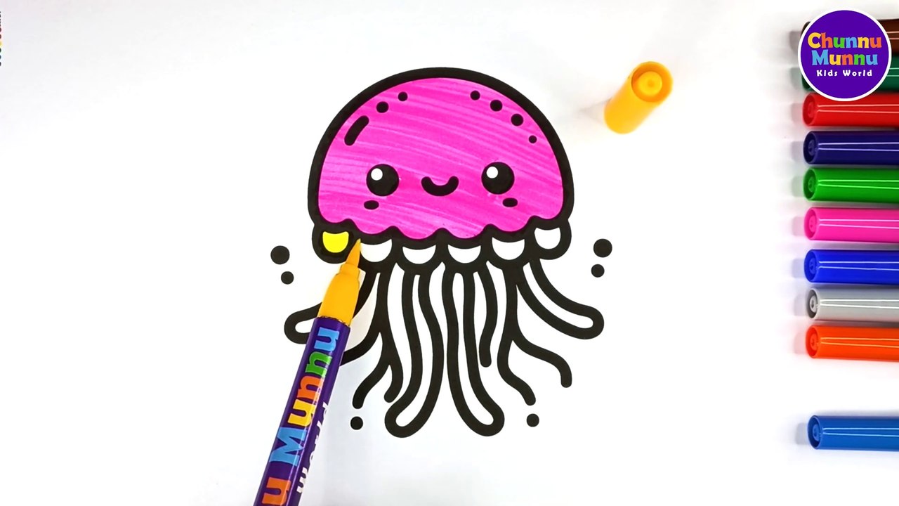Simple Easy Jellyfish Painting & Coloring Page Marker Pen for Kids & Toddlers | Chunnu Munnu Kids World