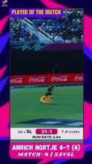 Anrich Nortje bowled Brilliant Spell oby taking 4 Wickets against Sri Lanka and earned #POTM  #AnrichNortje | #SAvSL | #SLvSA | #T20WorldCup | #Criclush