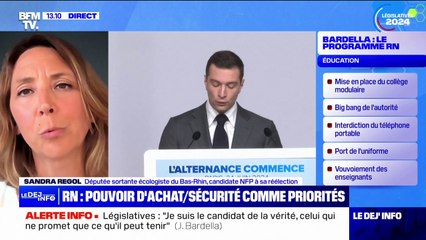 "C'est le revirement national", critique Sandra Regol, députée sortante écologiste du Bas-Rhin, à propos du programme du Rassemblement national