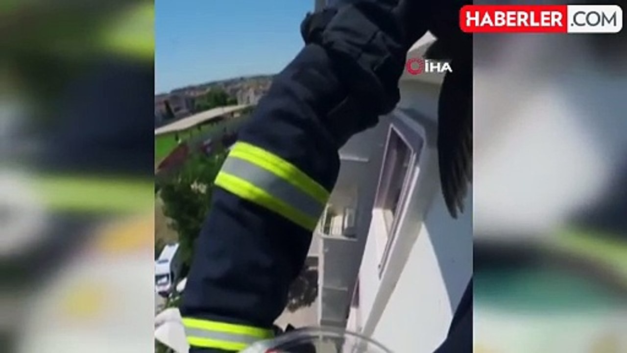 Çatıda ipe dolanan kuşu itfaiye ekipleri kurtardı