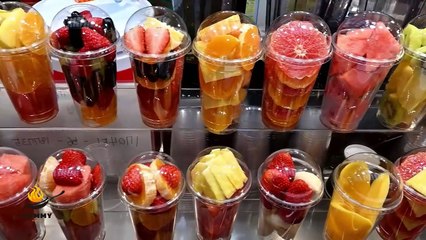 Cup fruit, melon shaved ice, fresh fruit juice_kor