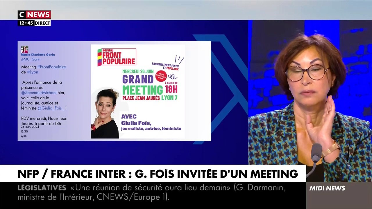 La journaliste de France Inter Giulia Foïs va animer un meeting du Front Populaire alors que Jean-François Achilli a été viré de France Info pour de simples échanges avec Jordan Bardella