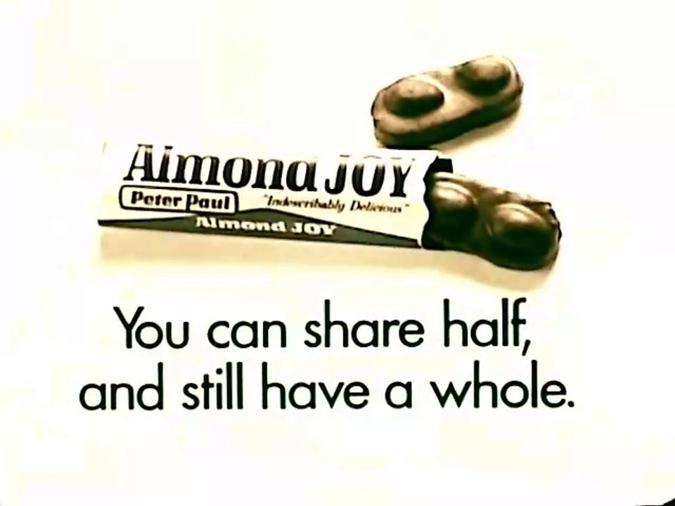 1960s Almond Joy candy TV commercial - guy being FORCED to share with his girlfriend