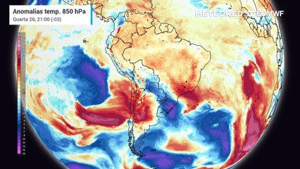 Previsão de anomalia de temperatura em 850 hPa até sábado (29).