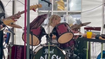 Barnaby Dalton (7), played drums for a few songs with The Alley Katz band at Spreyton Fair. Video by Alan Quick IMG_5216