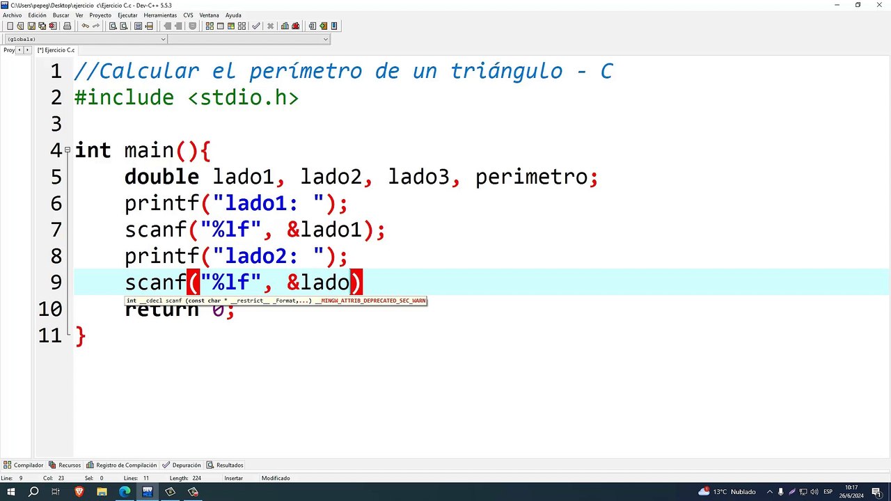 Calcular el perímetro de un triángulo en C