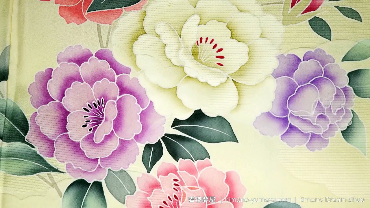 Luscious Kyo-Yuzen Peonies on Yellow Tsukesage - Vintage High Quality Soft Crunchy Silk Kimono for Women - Color Gradient - Purple, Red, Pink
