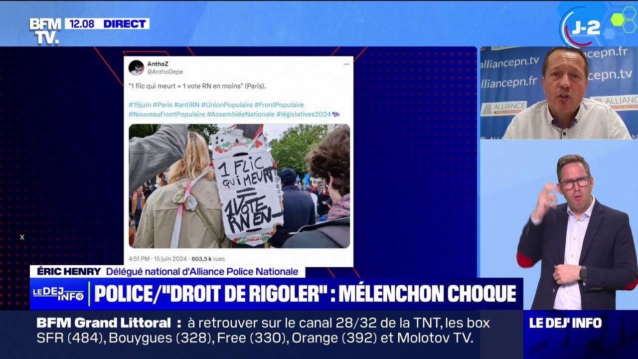 "C'est abject": le représentant d'Alliance Police Nationale réagit aux propos de Mélenchon sur le "droit de rigoler" de la pancarte "1 flic qui meurt = 1 vote en moins pour le RN"