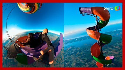 Paraquedista brasileira viraliza ao pular em toboágua anexado a balão no céu de SC