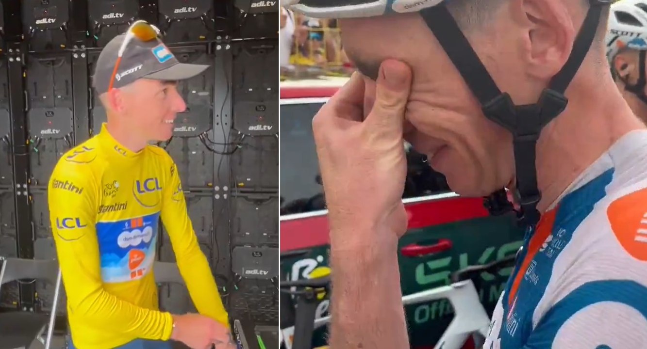 Cyclisme - Tour de France 2024 - L'émotion de Romain Bardet, vainqueur de la 1ère étape et en Jaune, avec Frank van den Broek
