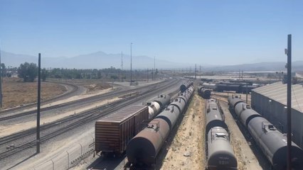 UP 9600 Leads Westbound Intermodal Stack Train Rolling Through West Colton Yard