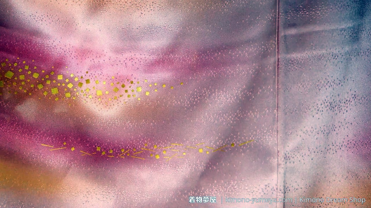 Shiny Pink Silk Tsukesage with Gold Accenting - Squares in Fog - Abstract Retro 1980s Design - Vintage Women's Kimono