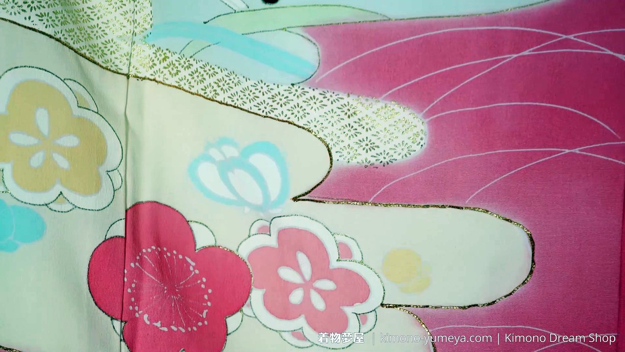 Pink 1960s Tsukesage for Women with Plum Blossoms in Clouds - Grass, Hishi, Maple Leaves - Vintage Silk Women's Kimono