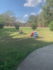 Boy Rides Toy Car up Kiddie Slide