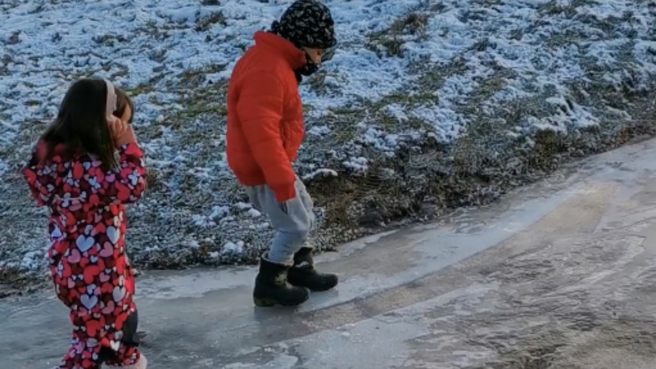 Winter fun on ice ends with a slippery surprise as kids take a tumble