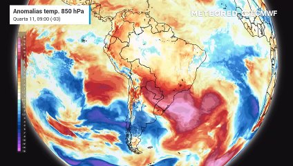 Previsão de anomalia de temperatura em 850 hPa até sexta-feira (13)
