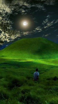 Nature _ Vacation _ adventure - A lone figure stands in a lush_ green meadow under a mesmerizing night sky. The moon shines brightly_ casting an ethereal glow over the rolling hills_ while clouds drift peacefully in the sky. Th