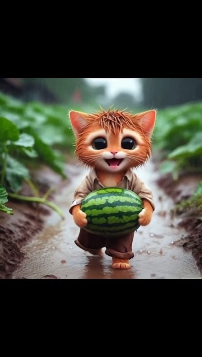"No time to paws—this cat’s got watermelons to deliver! "